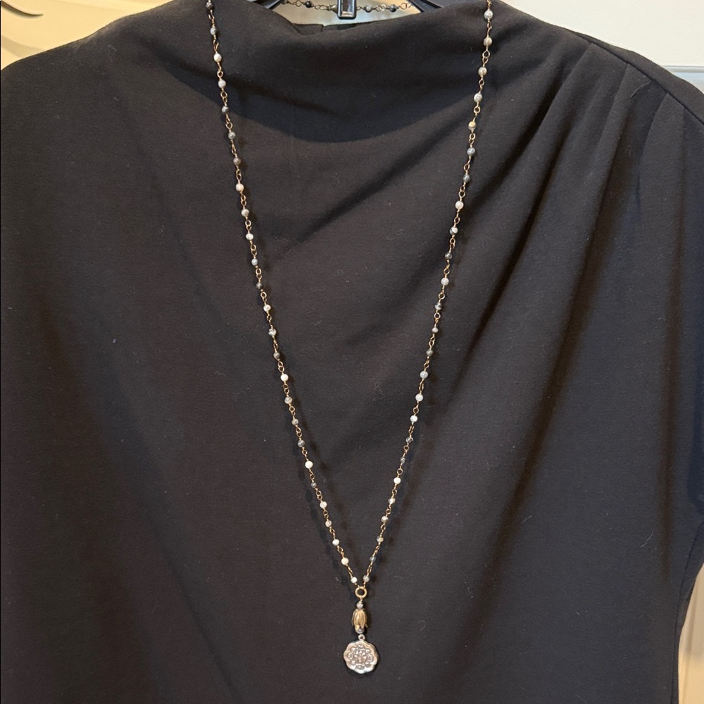Long Beaded Pendant Necklace - Gray with Bronze and Silver Accents